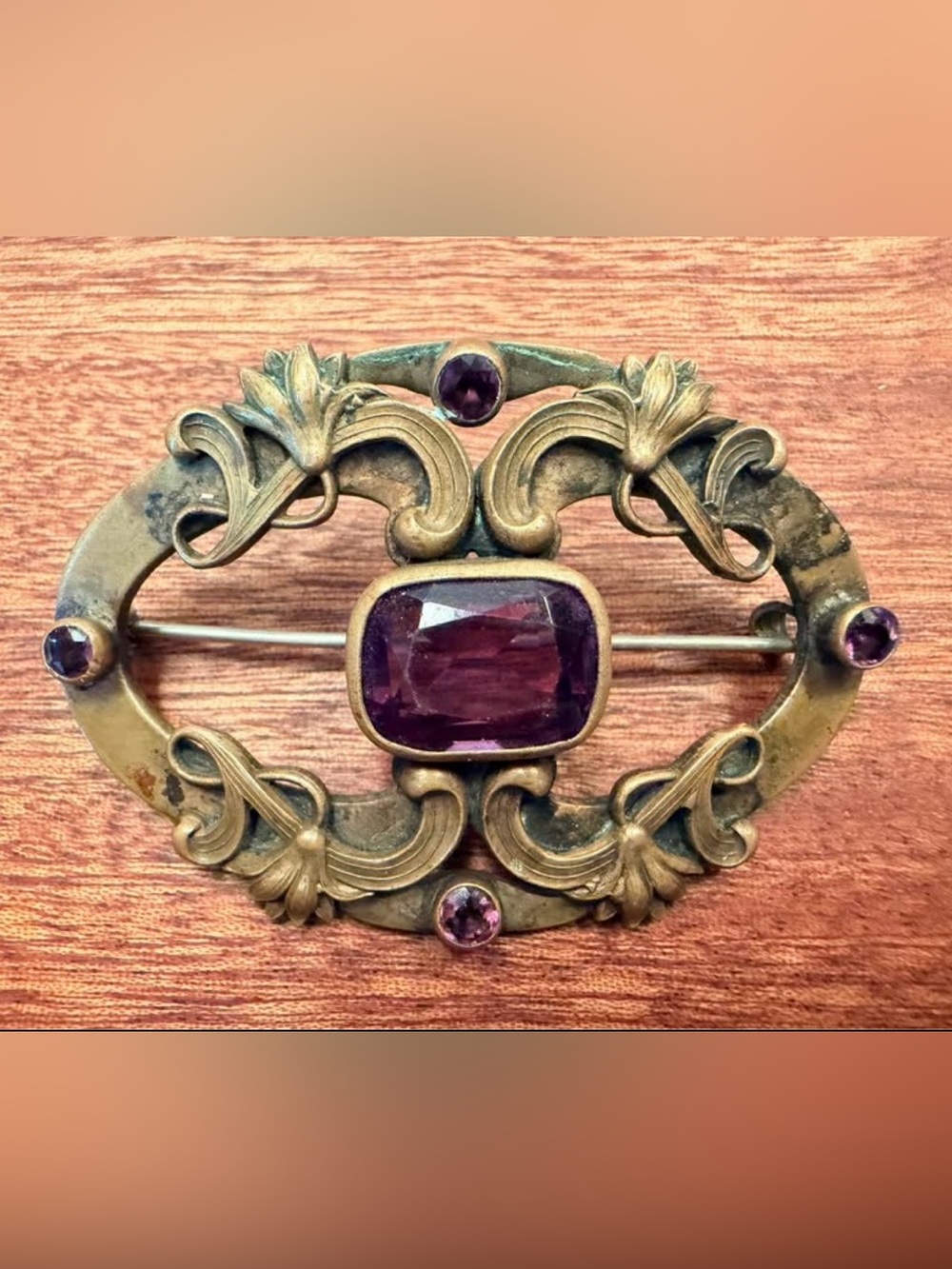 Antique-Style Brass Brooch with Purple Gemstones